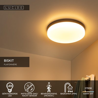 Lucide BISKIT - Plafonnière Badkamer - Ø 40 cm - LED - 1x36W 2700K - IP44 - Bewegingssensor - Zwart